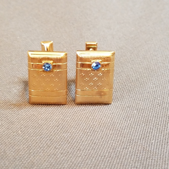 VTG Cufflinks gold tone rectangle blue rhinestone - Picture 3 of 6